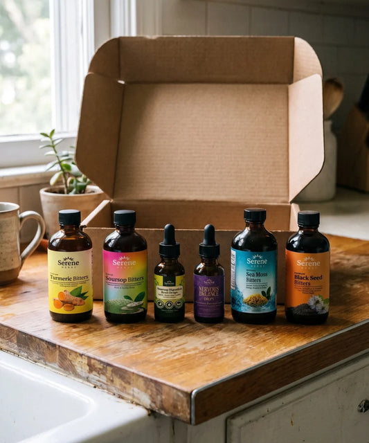 Soursop, Black Seed, Turmeric, Sea Moss Mineral Bitters & Nervous Balance Drops — a full month for the whole household (worth $245)